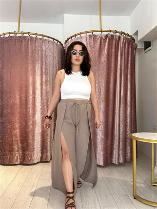 Yırtmaç Detay Lastikli Keten Pantolon Kahve