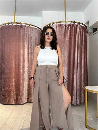 Yırtmaç Detay Lastikli Keten Pantolon Kahve