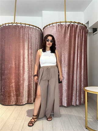 Yırtmaç Detay Lastikli Keten Pantolon Kahve