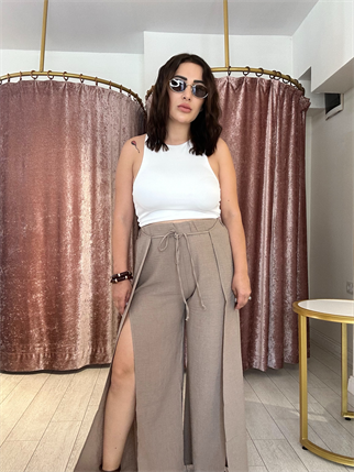 Yırtmaç Detay Lastikli Keten Pantolon Kahve