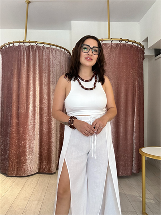 Yırtmaç Detay Lastikli Keten Pantolon Beyaz