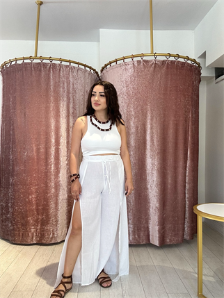 Yırtmaç Detay Lastikli Keten Pantolon Beyaz