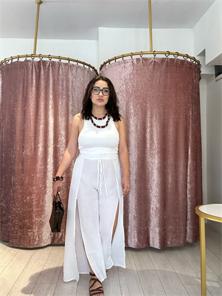 Yırtmaç Detay Lastikli Keten Pantolon Beyaz