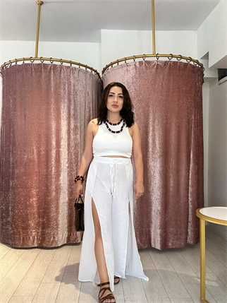 Yırtmaç Detay Lastikli Keten Pantolon Beyaz