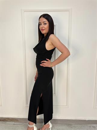 YIRTMAÇ DETAYLI ELBİSE SİYAH