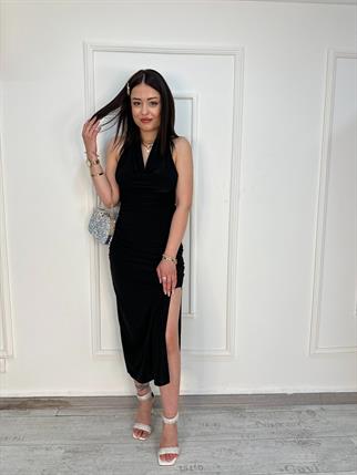 YIRTMAÇ DETAYLI ELBİSE SİYAH