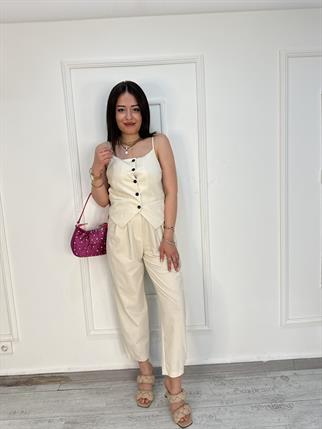 Yüksek Bel Pile Detaylı Pantolon Taş