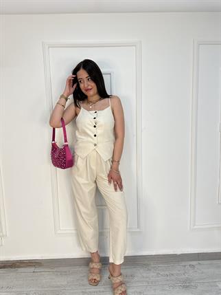 Yüksek Bel Pile Detaylı Pantolon Taş