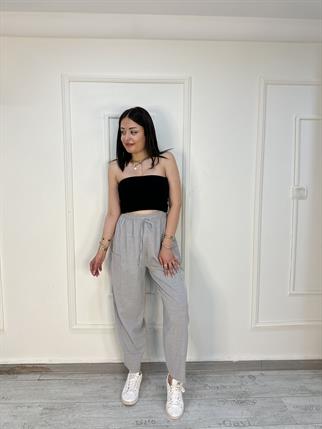 Yüksek Bel Yanlardan Cep Detaylı Beli Lastikli Pantolon Gri