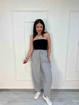 Yüksek Bel Yanlardan Cep Detaylı Beli Lastikli Pantolon Gri