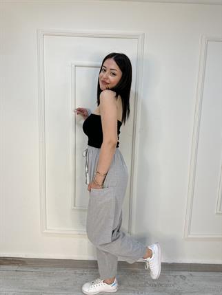 Yüksek Bel Yanlardan Cep Detaylı Beli Lastikli Pantolon Gri