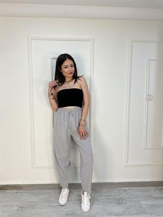 Yüksek Bel Yanlardan Cep Detaylı Beli Lastikli Pantolon Gri