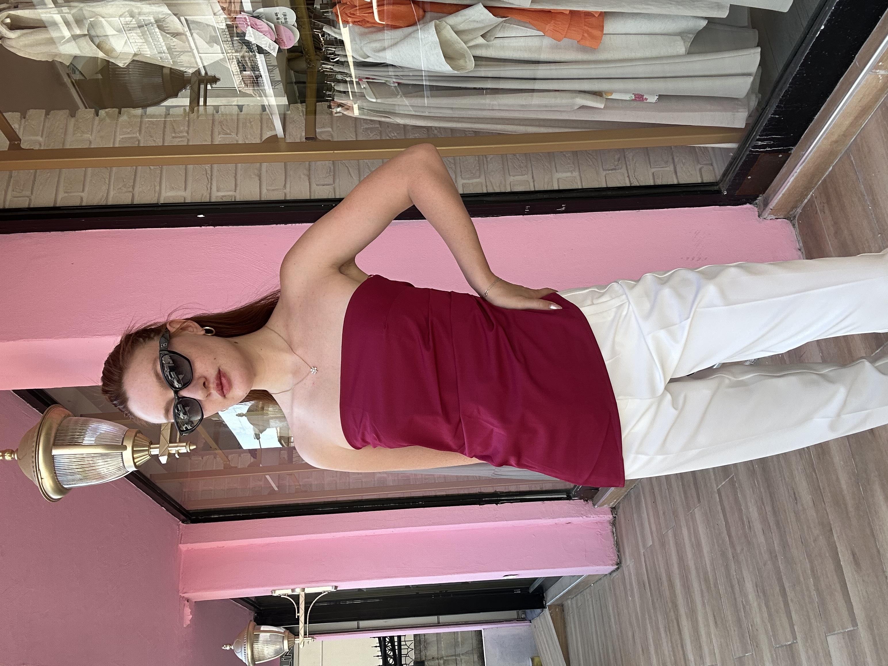 Asimetrik Kesim Straplez Bluz Bordo 