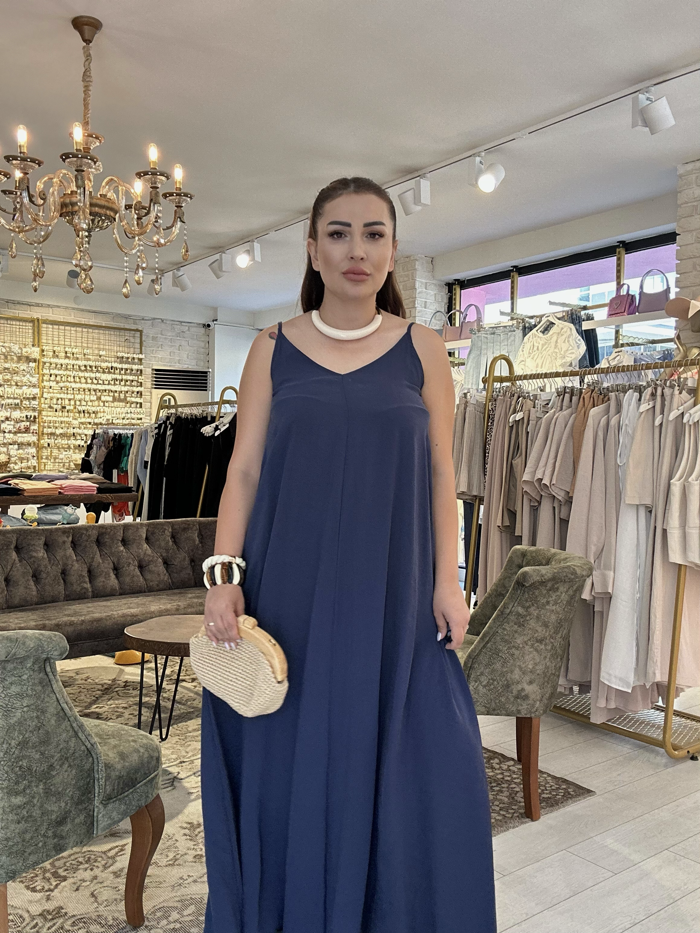 Ayarlanabilir Askılı Uzun Salaş Elbise Lacivert