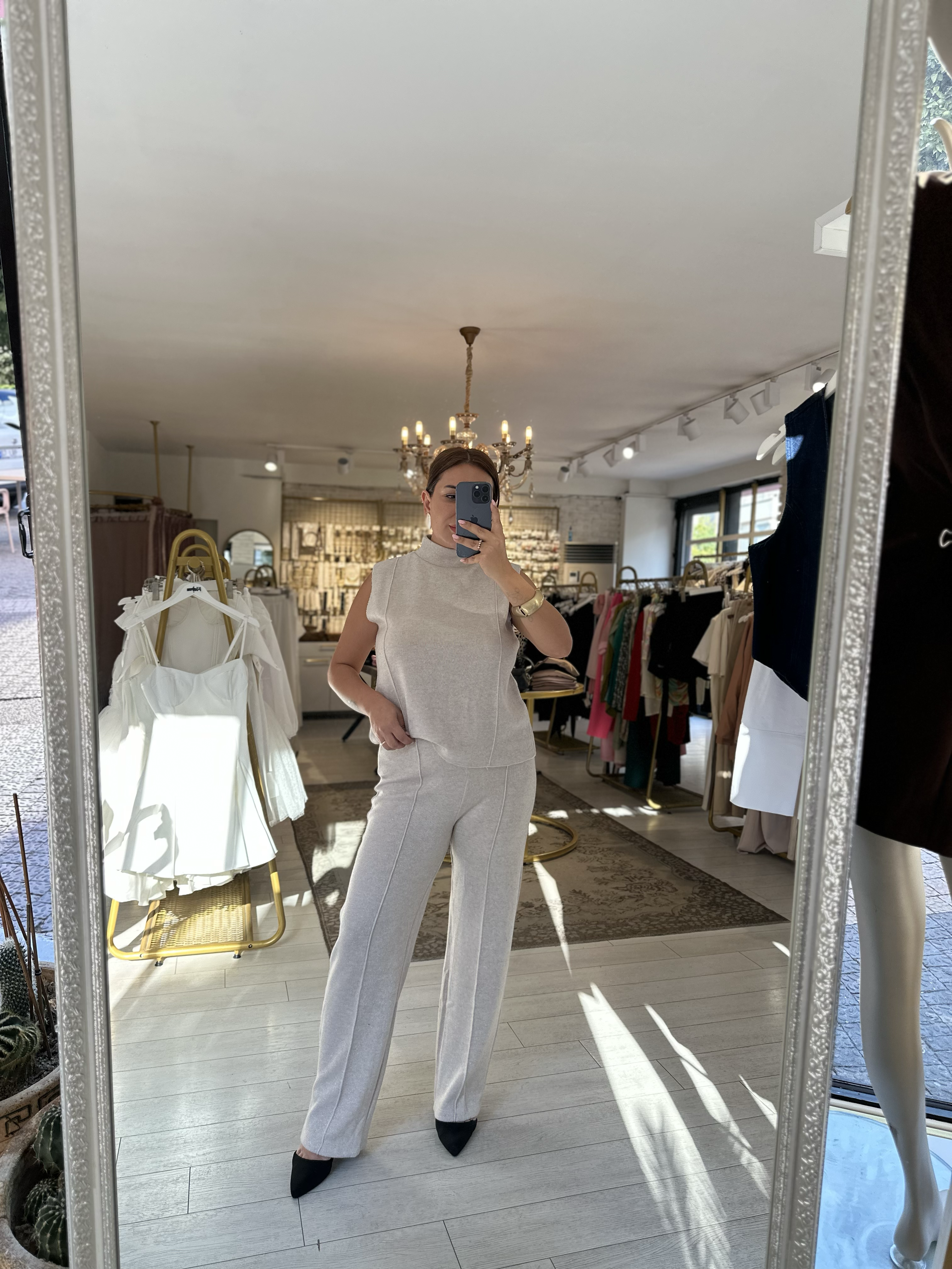 Bluz Pantolon Simli Takım Bej 