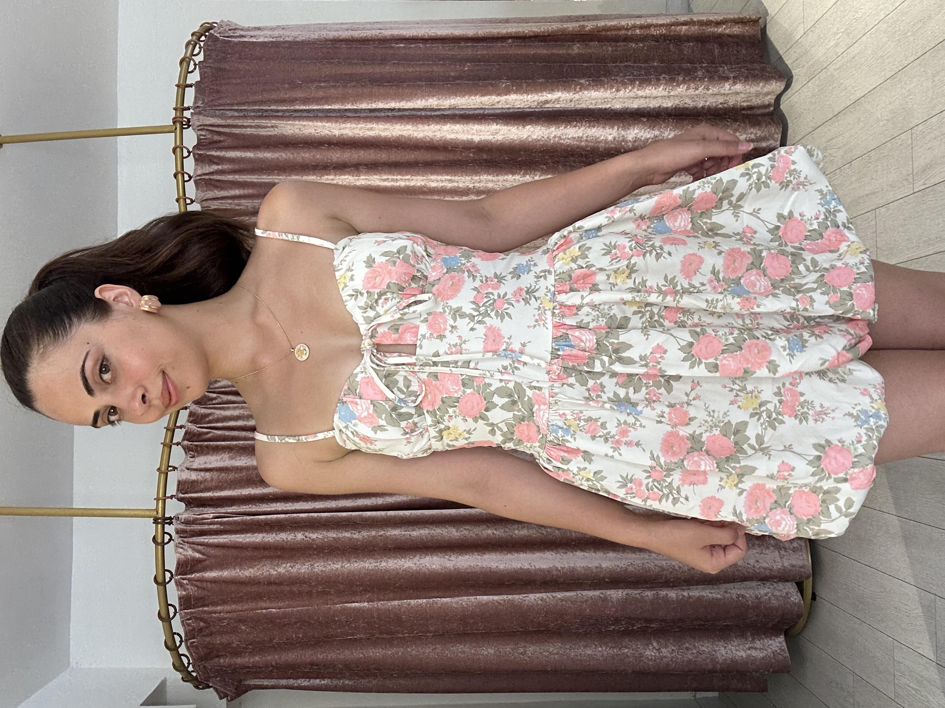 Çiçek Desen Ayarlanabilir Askılı Balon Etek Mini Elbise Bej