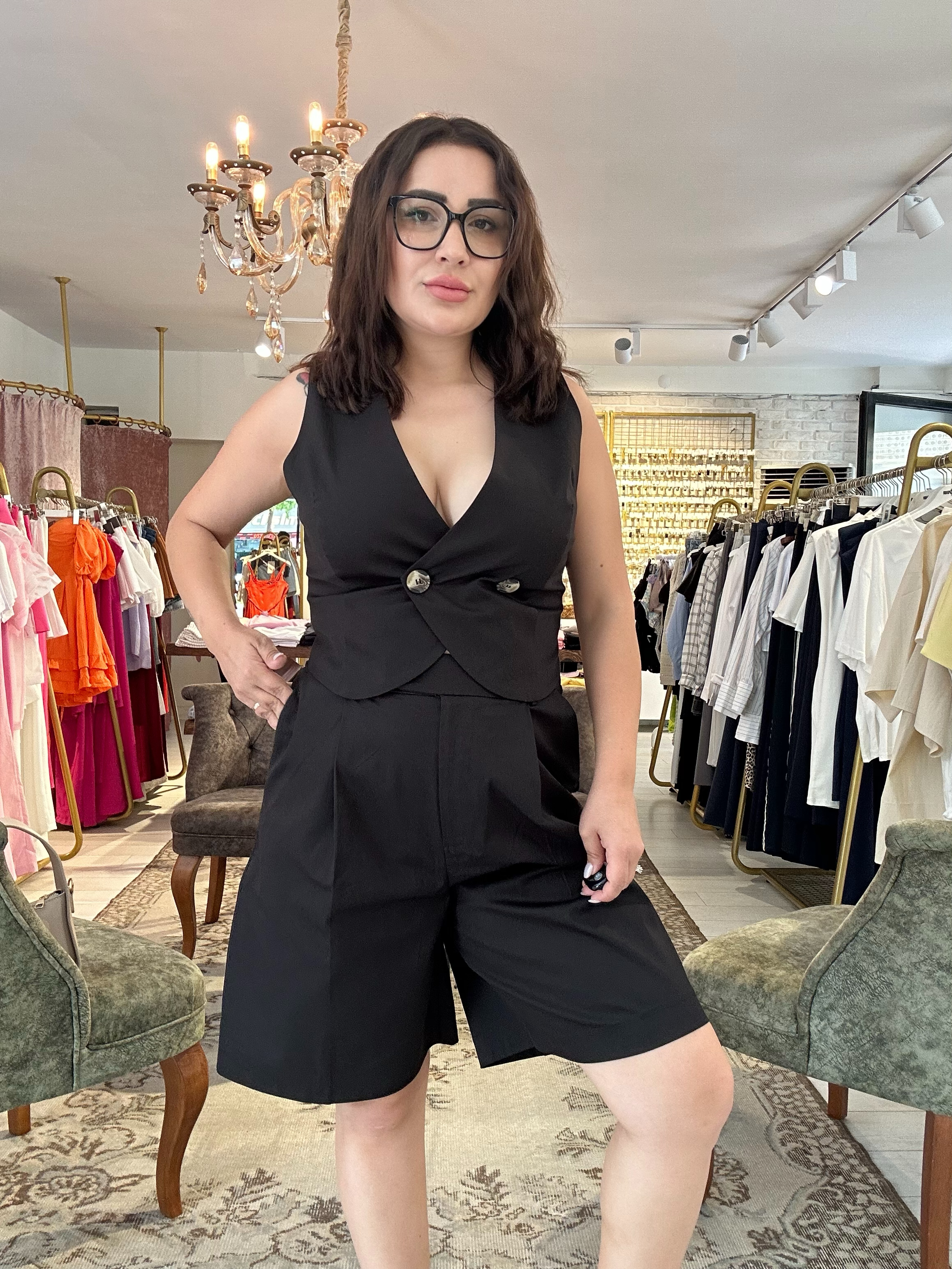 Dügme Yelek Şort İkili Takım Siyah