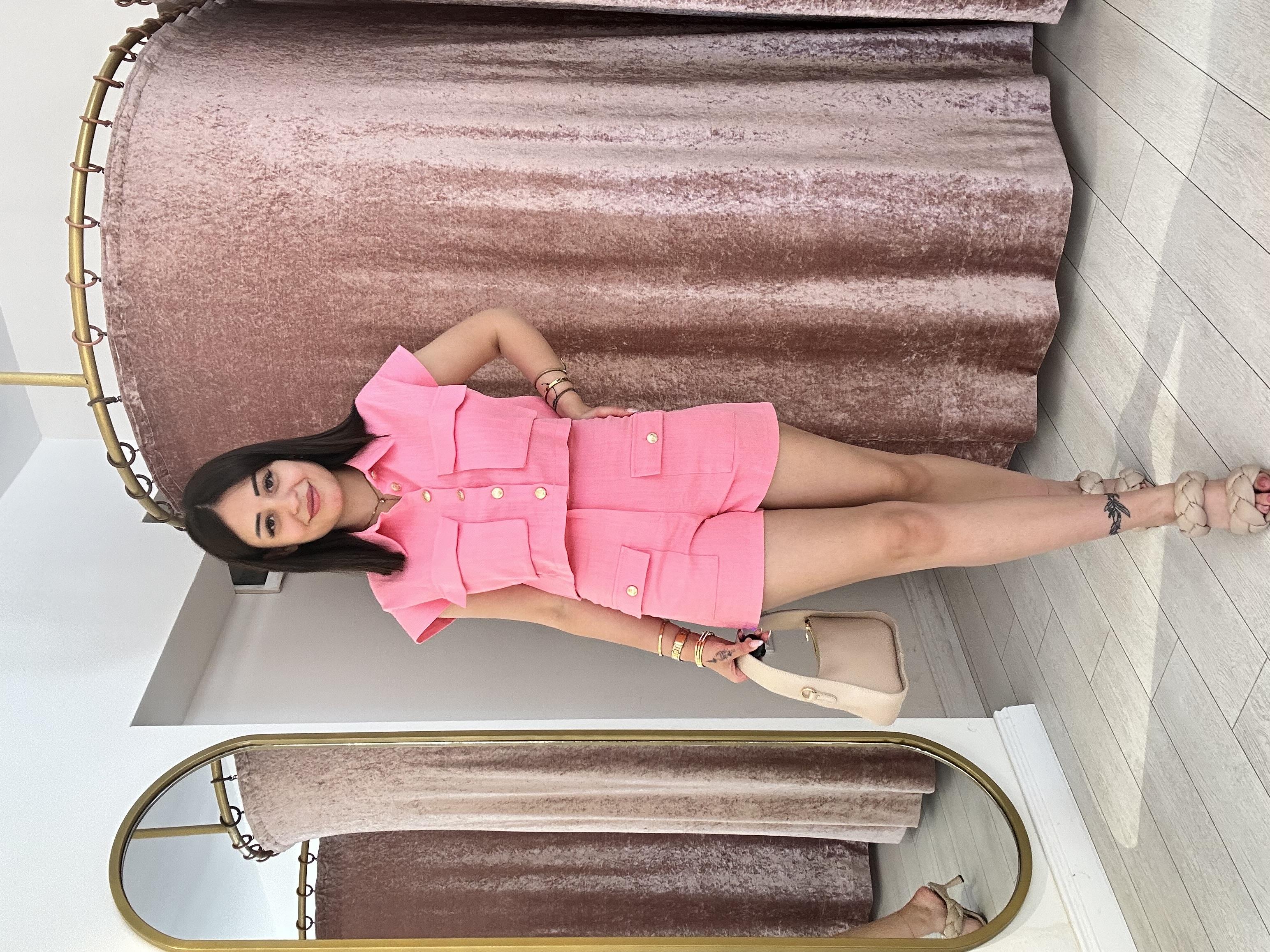 Gold Düğme Detaylı % 100 Pamuk  Takım Pembe