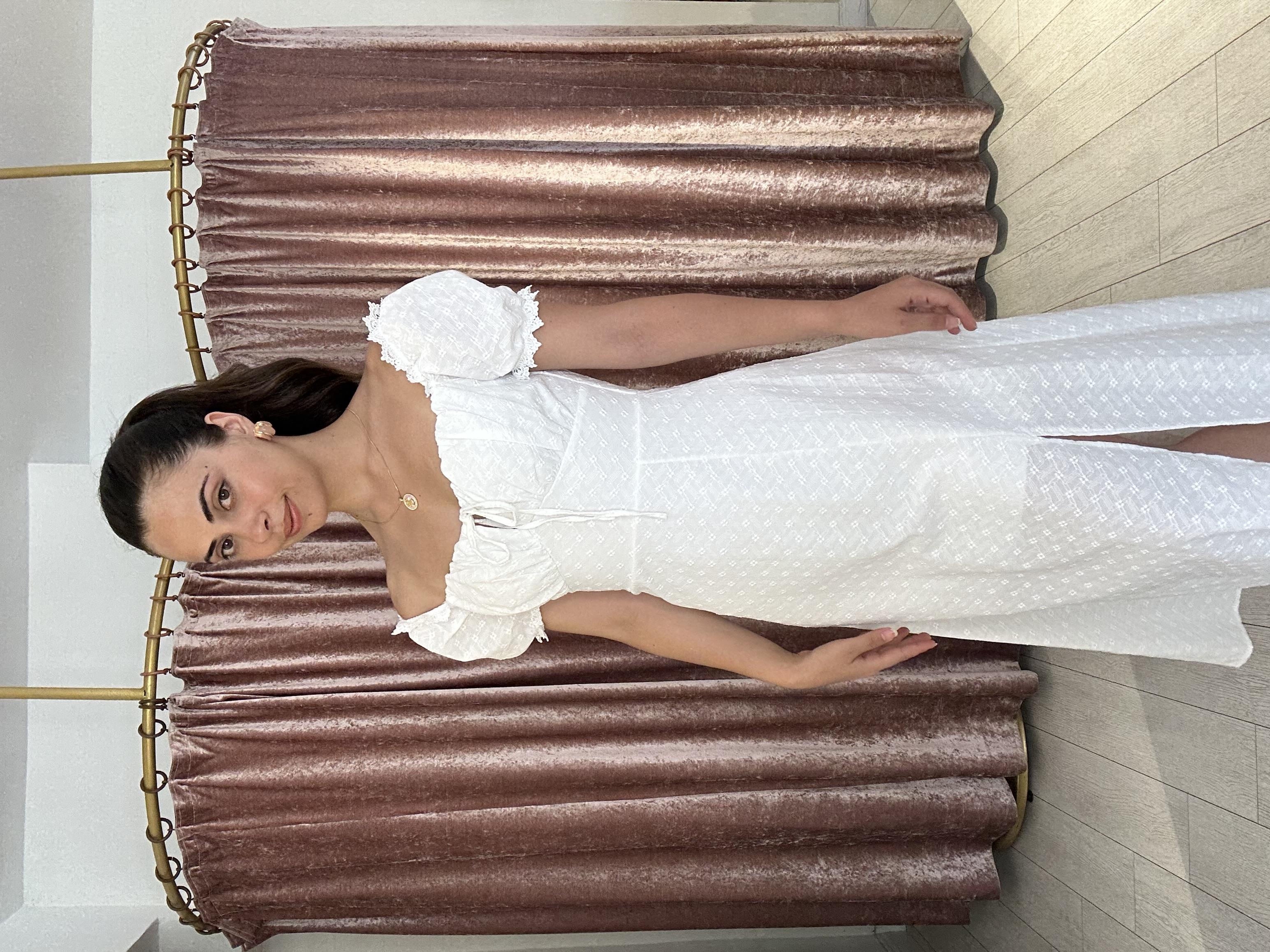 Kendinden Desenli Balon Kol Uzun Elbise Beyaz