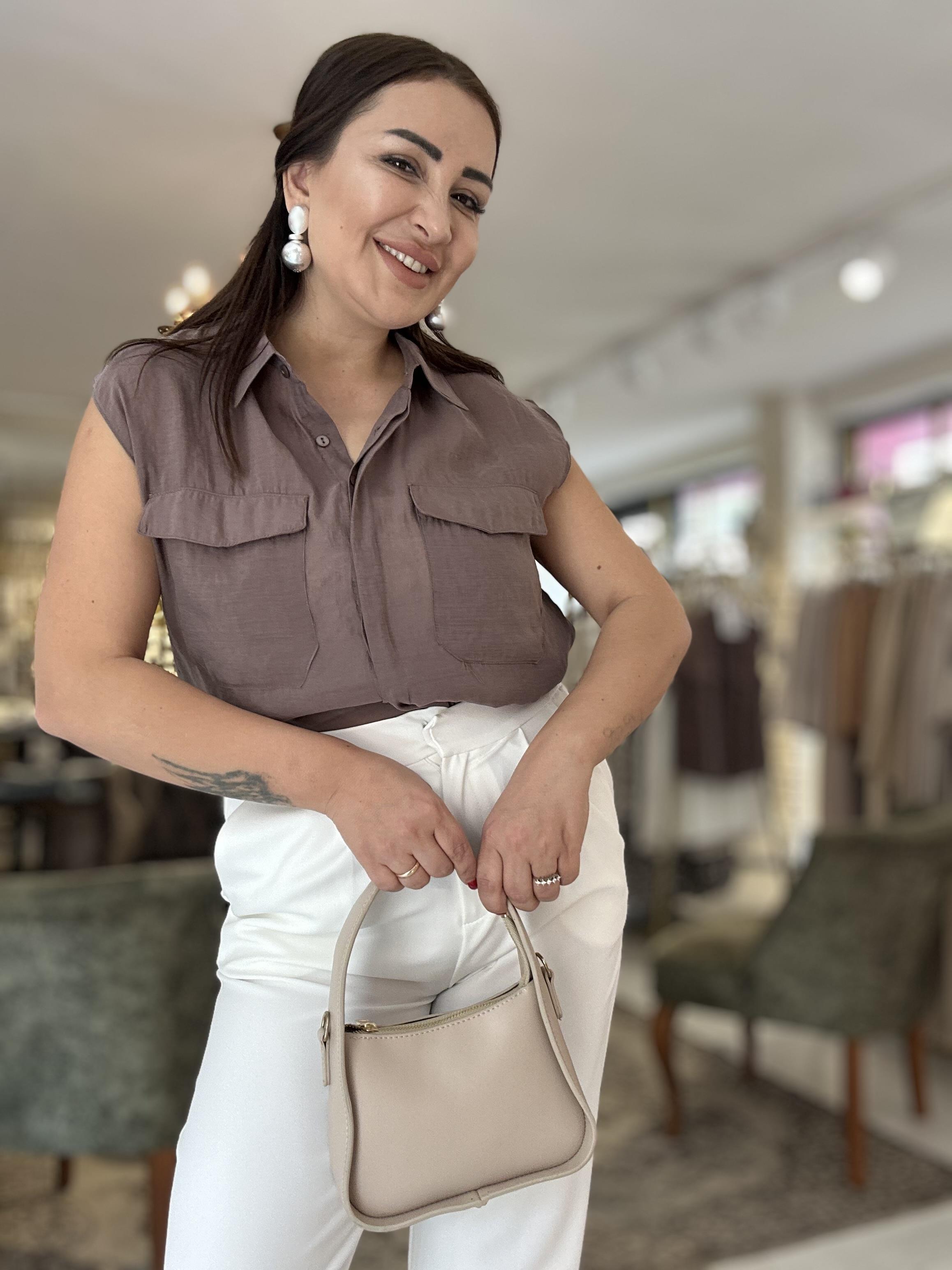 Körük Cepli Kolsuz İnce Gömlek Kahve