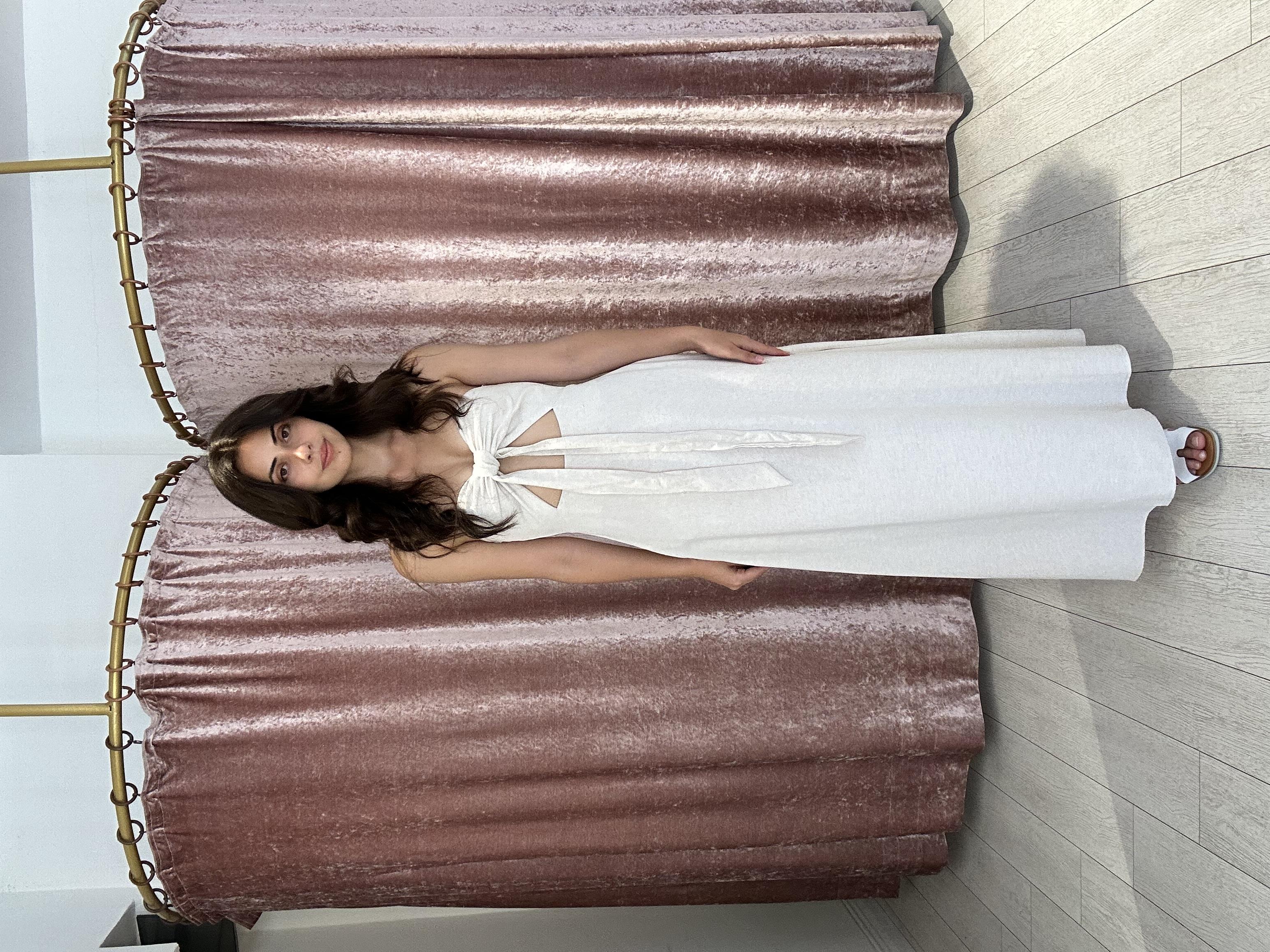 Ön Detay Sırtı Lastikli Uzun Keten Elbise 