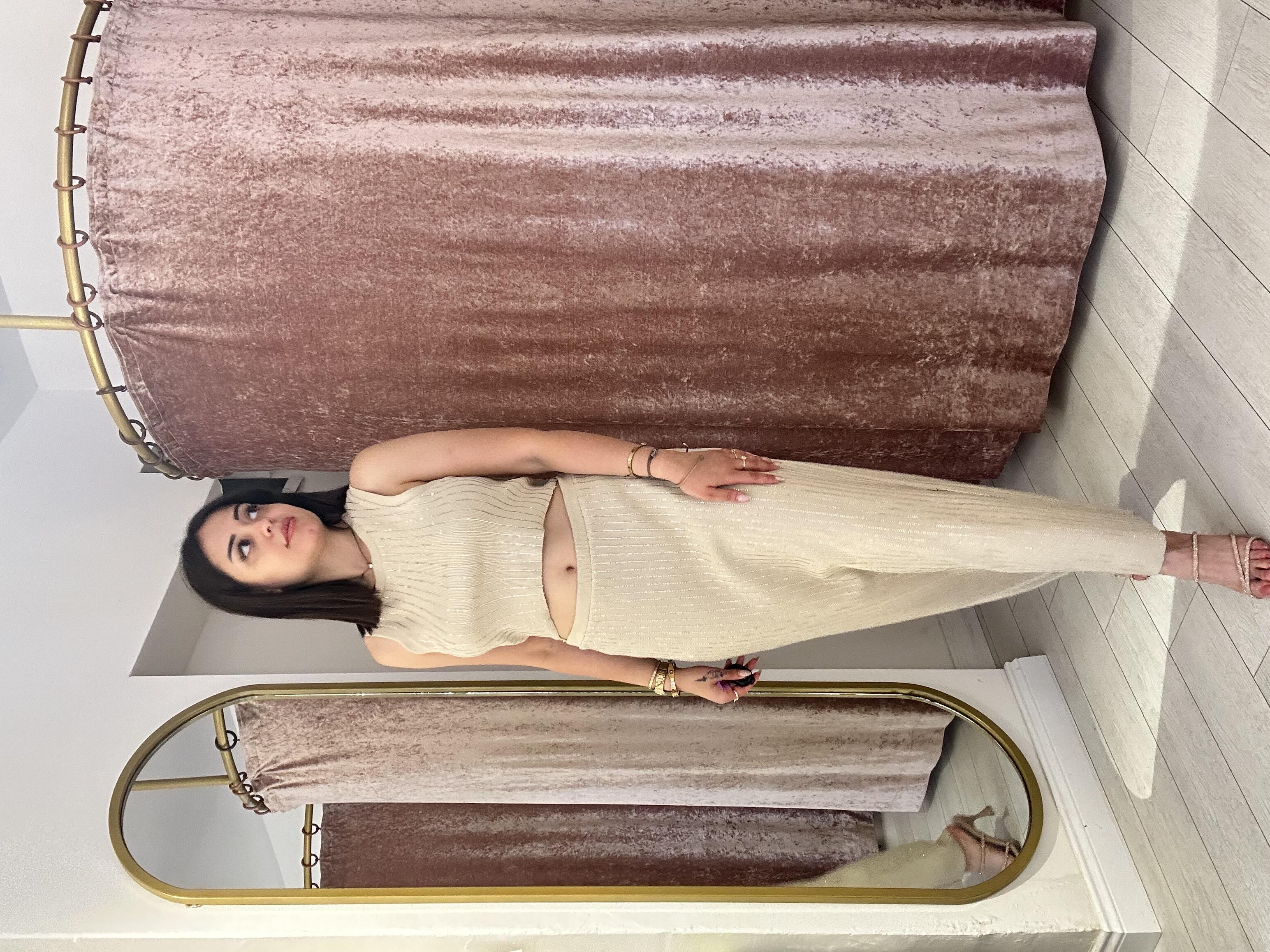 Şerit Taş Detaylı Triko Etekli Takım Bej