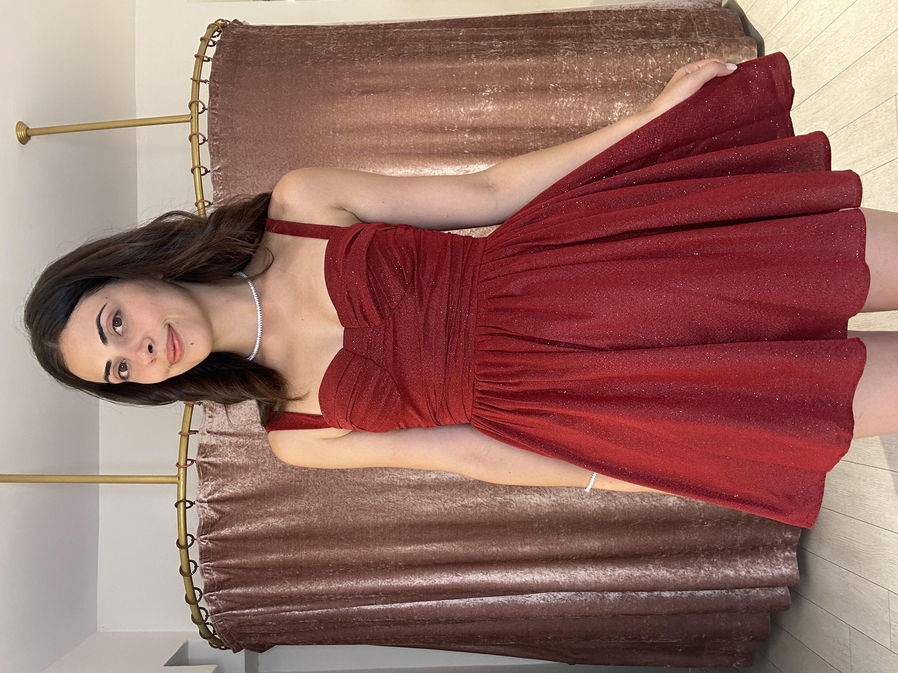 Simli Kumaş Ayaralanabilir Askılı Tül Elbise Bordo