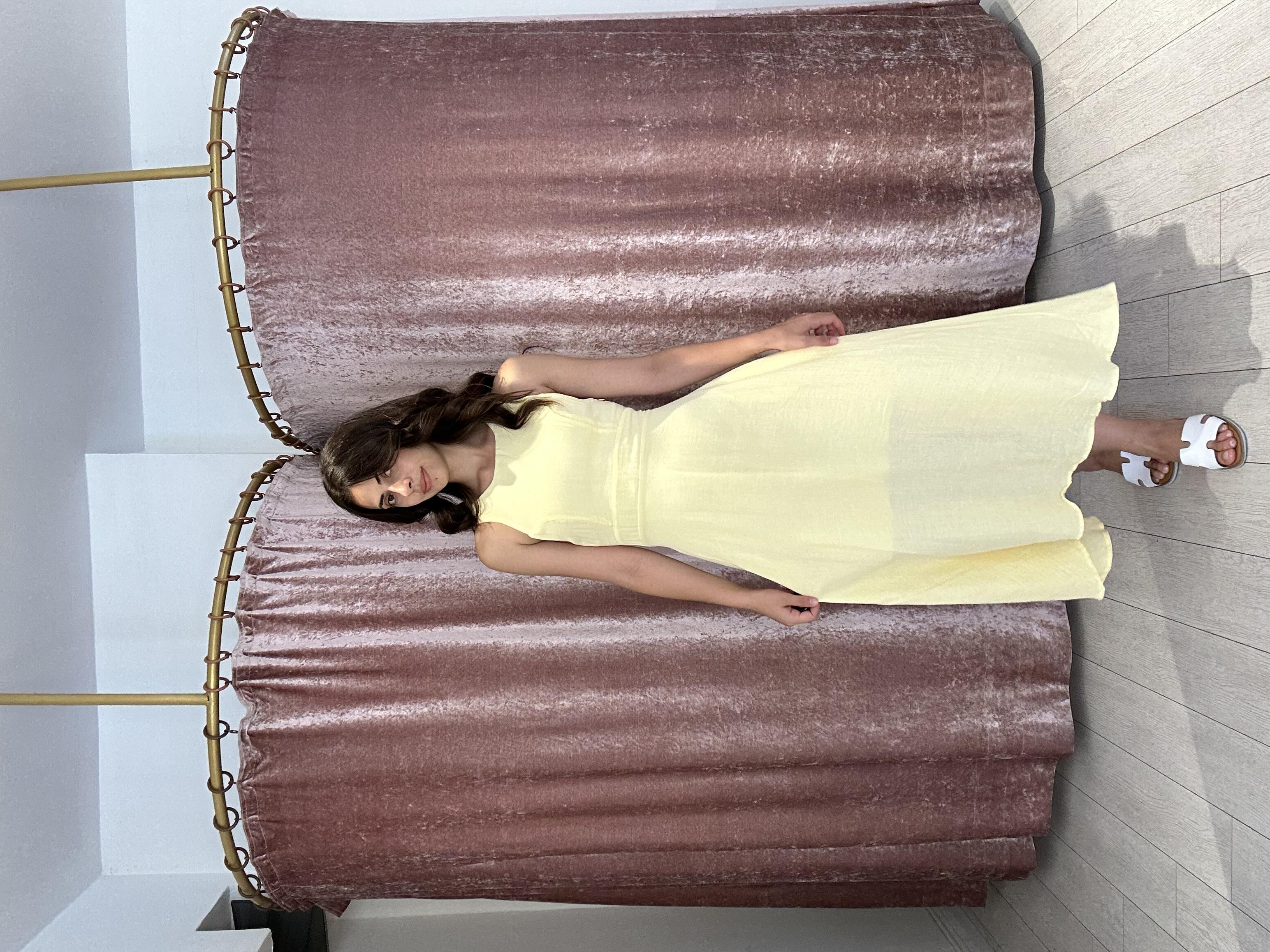 Sırt Detay Müslin Kumaş Midi Elbise Sarı 