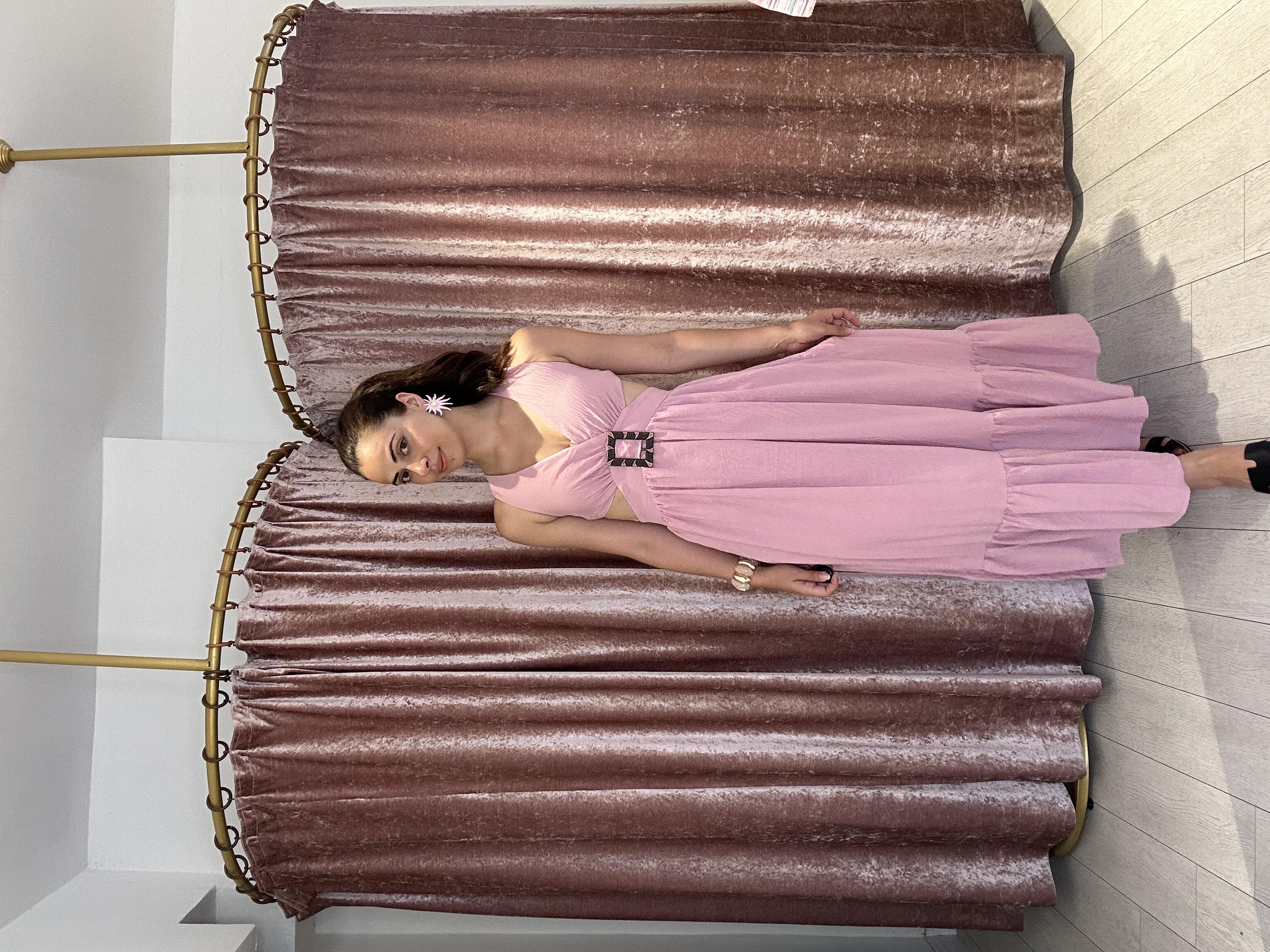 Sırt Ve Pencere Detay Tokalı Uzun Elbise Pembe