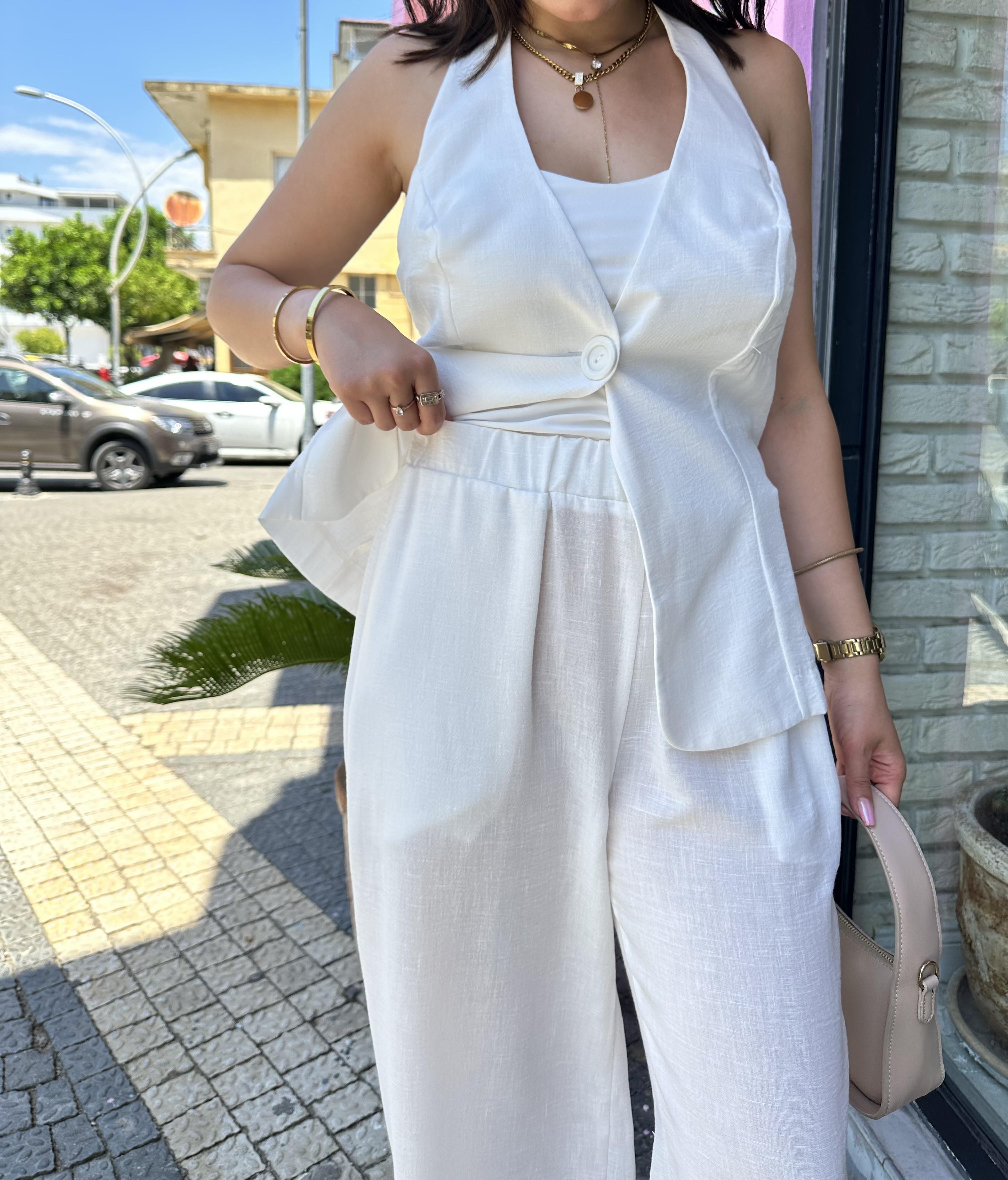 Tek Düğmeli Yelekli Keten Takım Beyaz