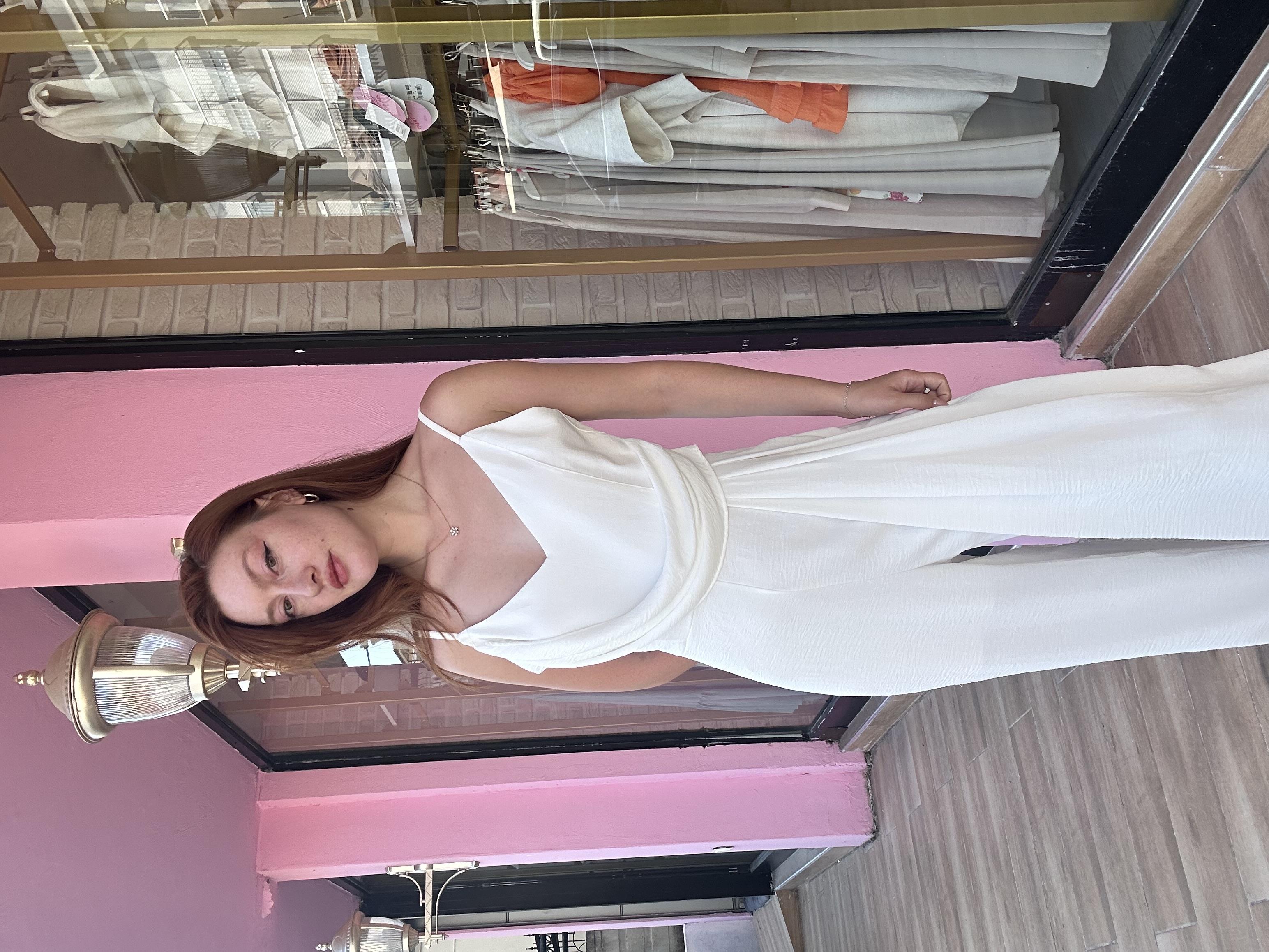 Yırtmaç Detay Astarlı Tulum Beyaz