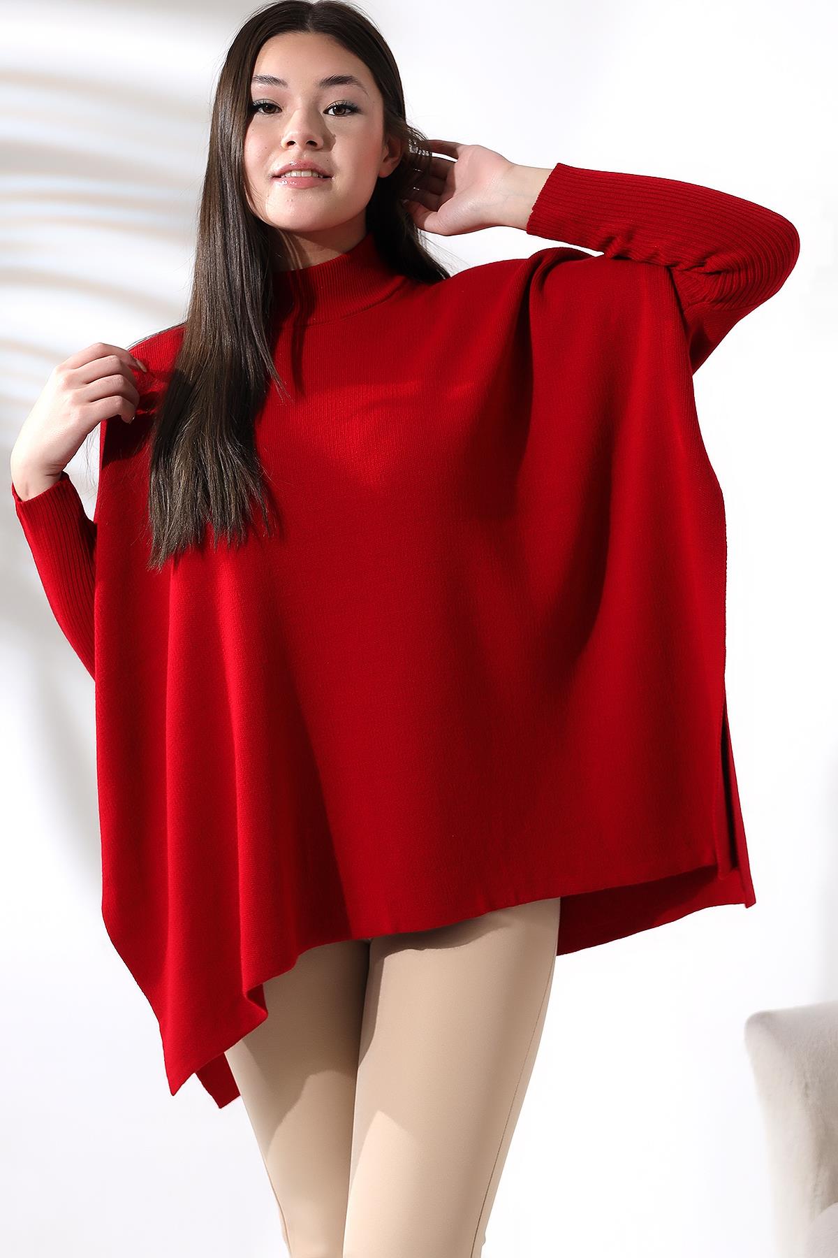 Oversize Yırtmaçlı Triko Panço Kazak Kırmızı