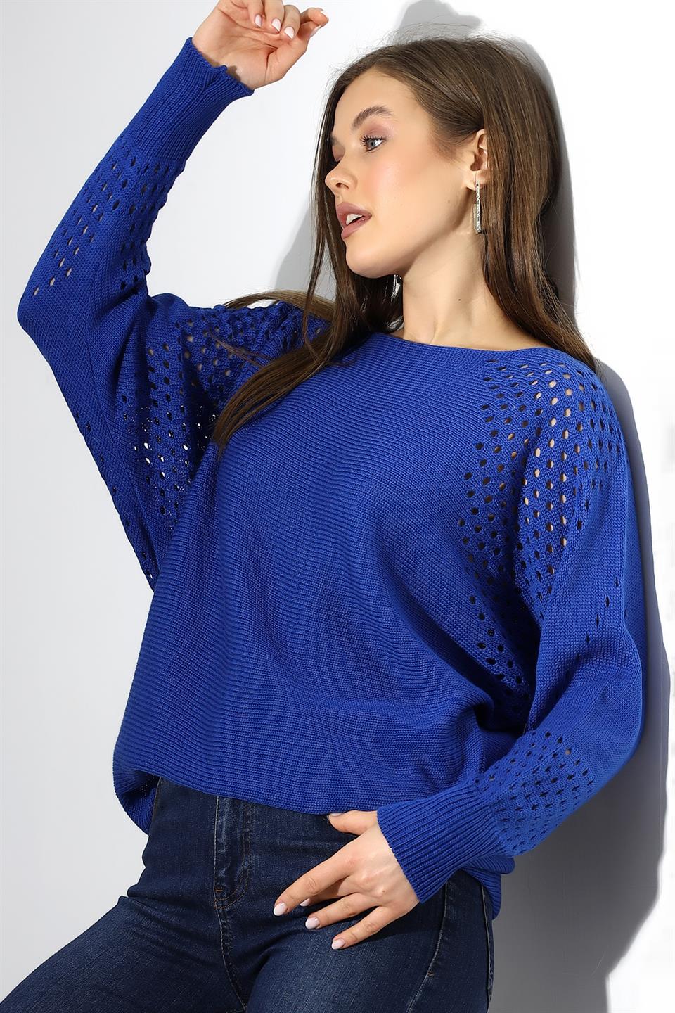 Saks Mavi Oversize Ajurlu Salaş Triko Kazak