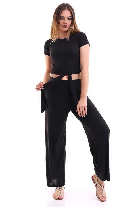 Siyah Crop T-Shirt Bol Paça Pantolon İkili Takım