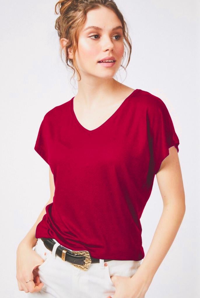 Bordo V Yaka Basic T-Shirt