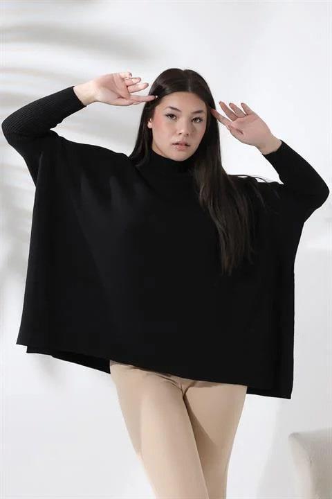 Oversize Yırtmaçlı Triko Panço Kazak Siyah