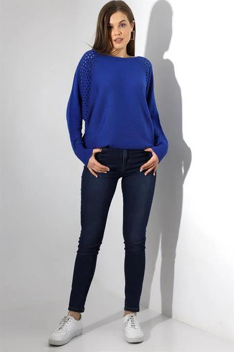 Saks Mavi Oversize Ajurlu Salaş Triko Kazak