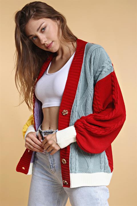 Sarı-Kırmızı Rengarenk Salaş Oversize Triko Hırka