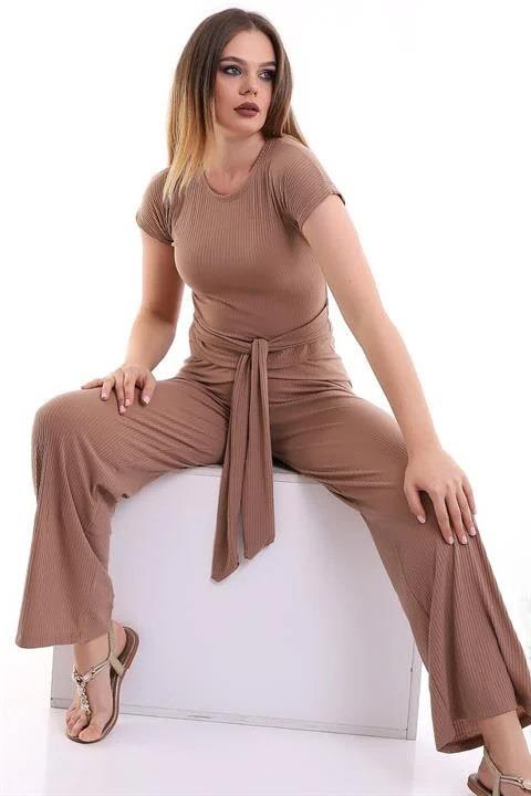 Vizon Crop T-Shirt Bol Paça Pantolon İkili Takım