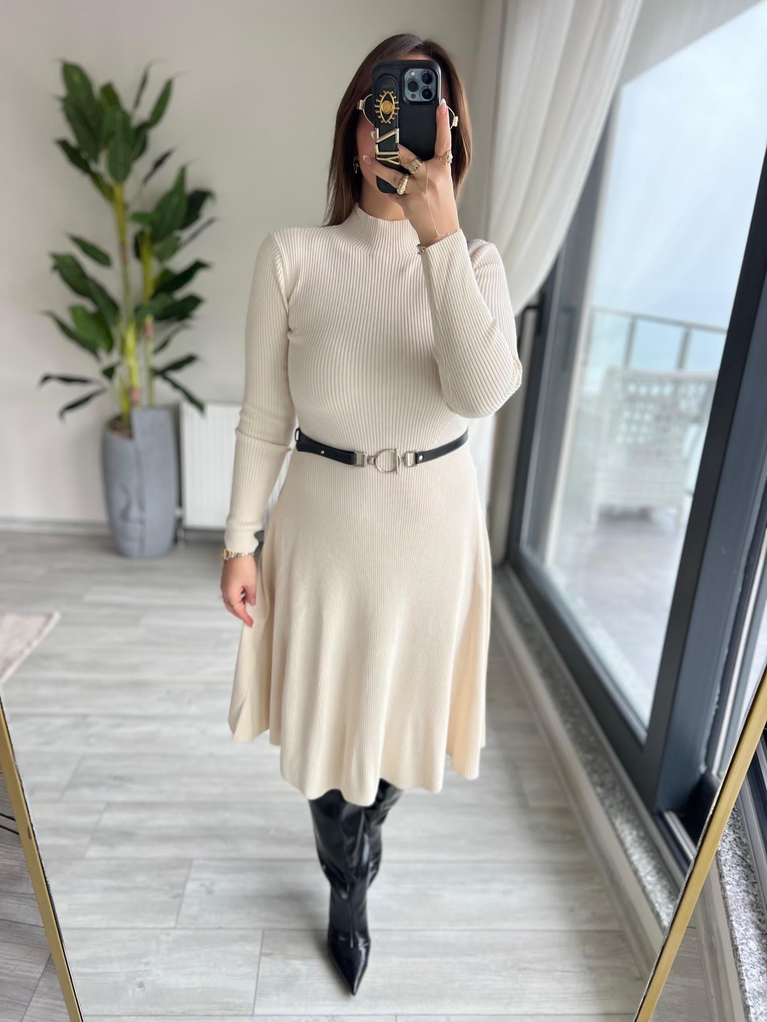 004 Kemerli Elbise EKRU