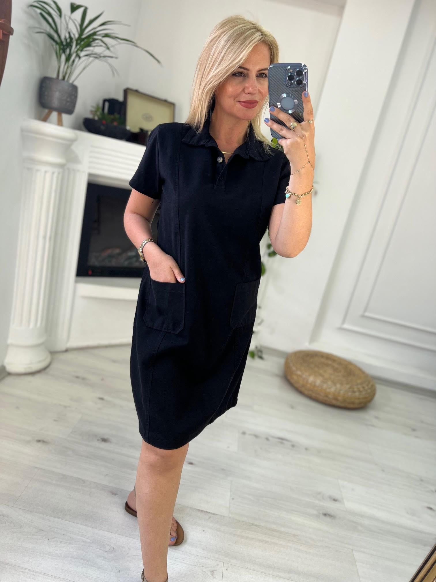 01 Ön Cepli Gömlek Yaka Elbise SİYAH