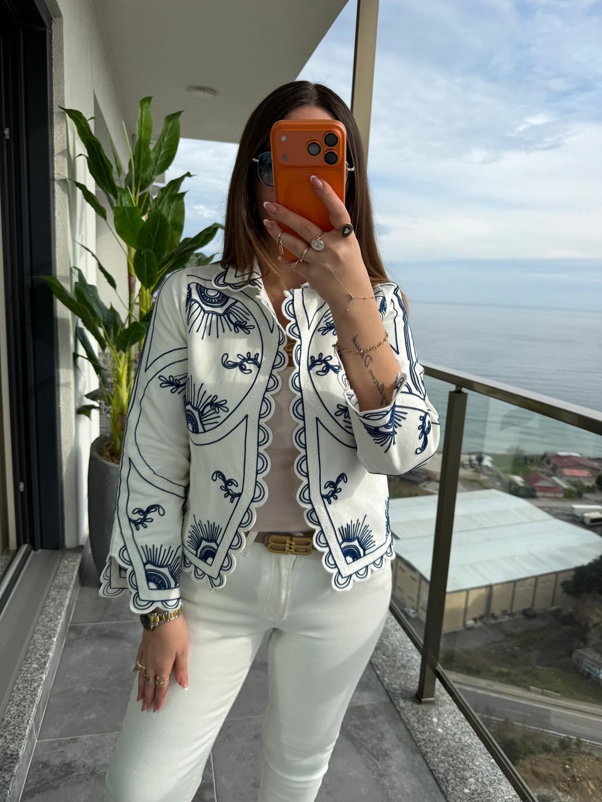 010 Göz Desen Nakışlı Ceket EKRU