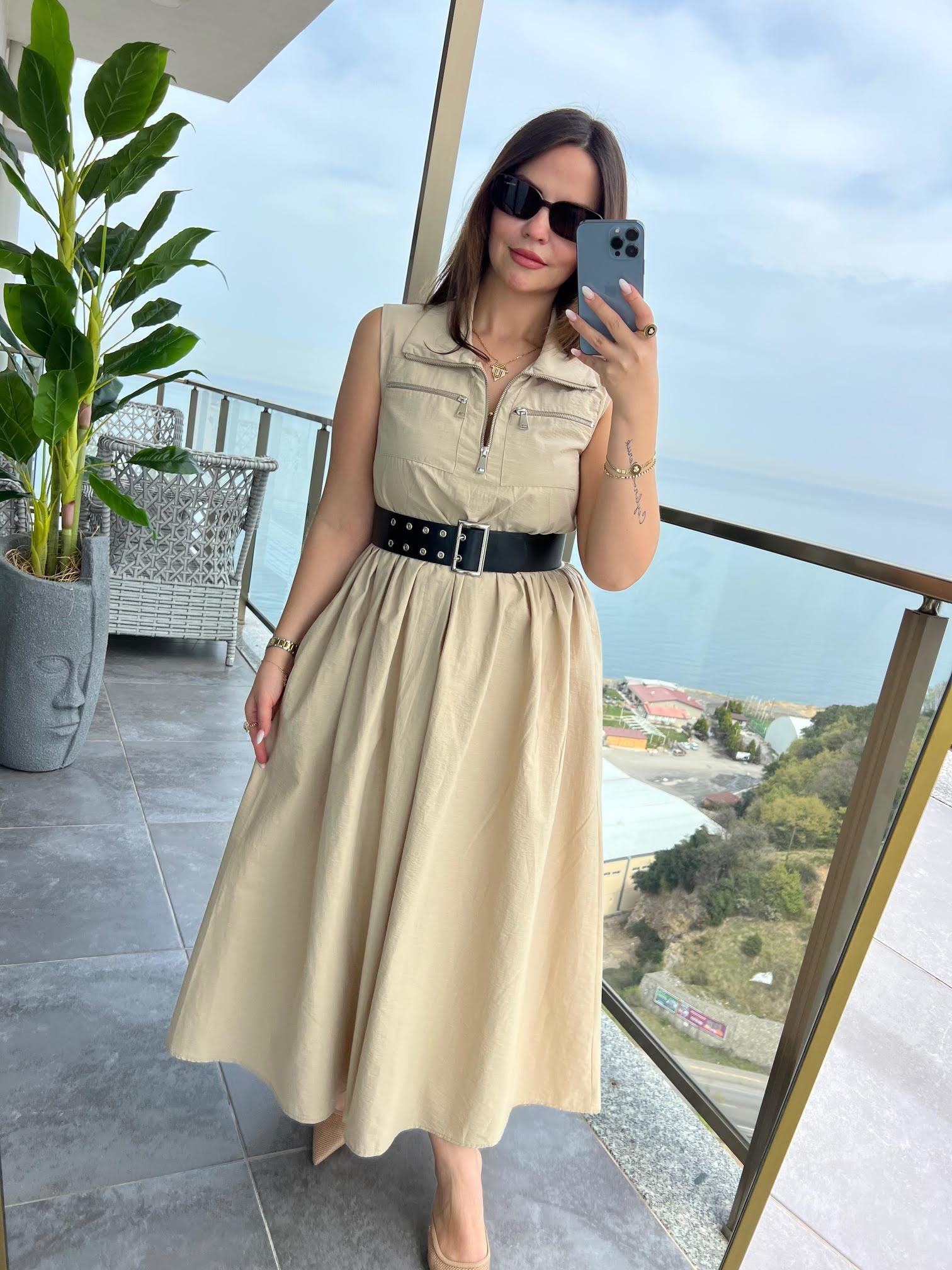 0161 Kemerli Elbise BEJ