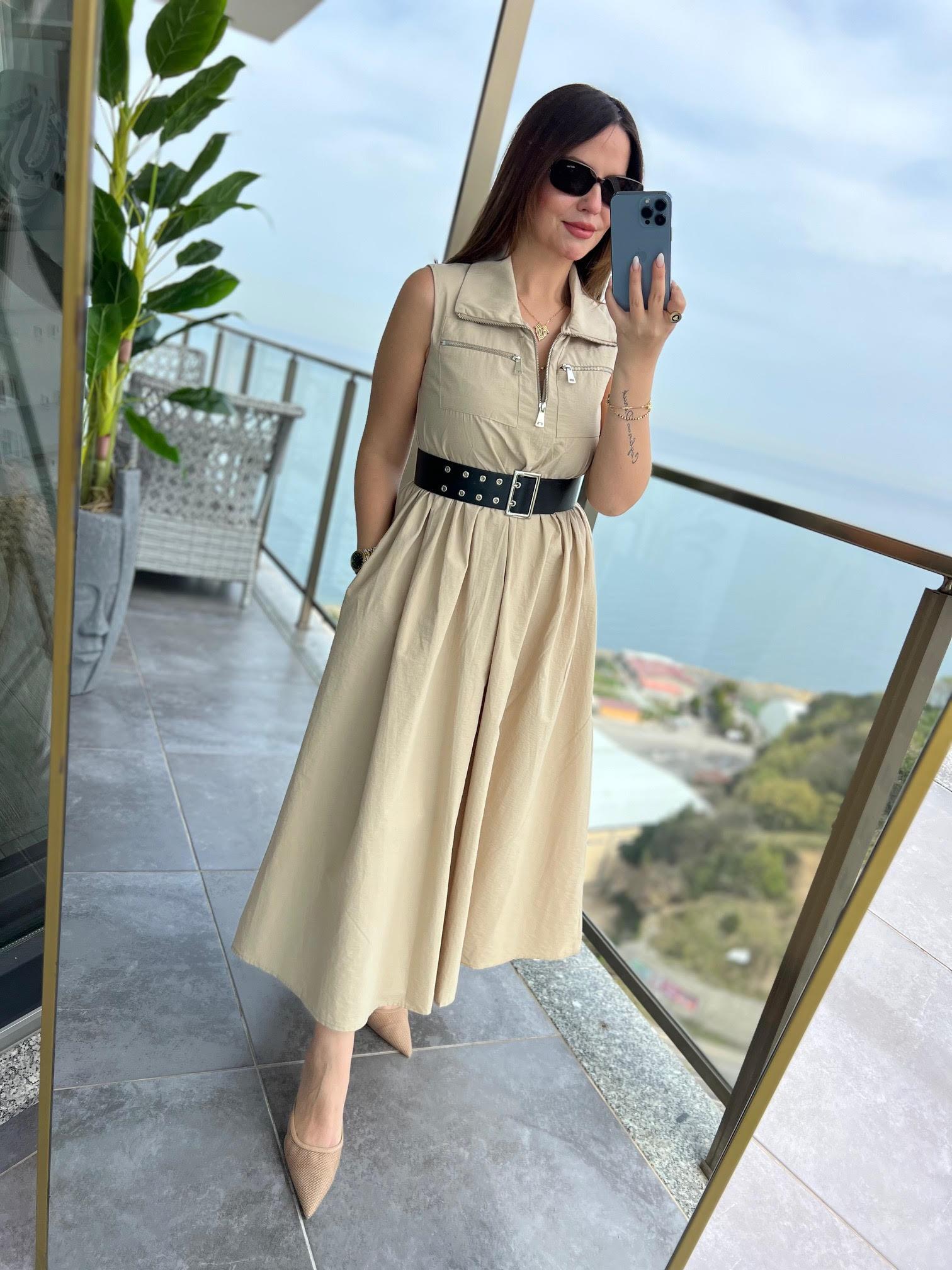 0161 Kemerli Elbise BEJ