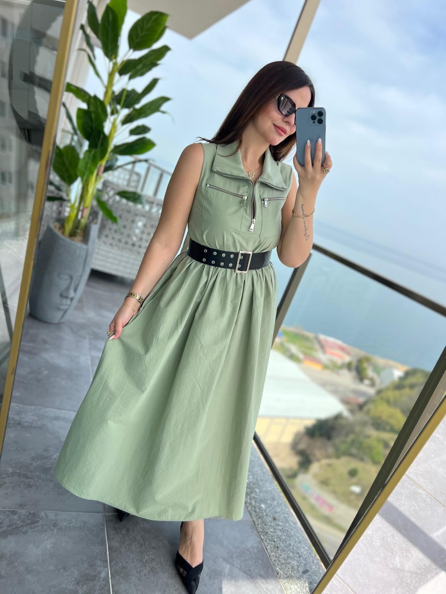 0161 Kemerli Elbise HAKİ YEŞİL