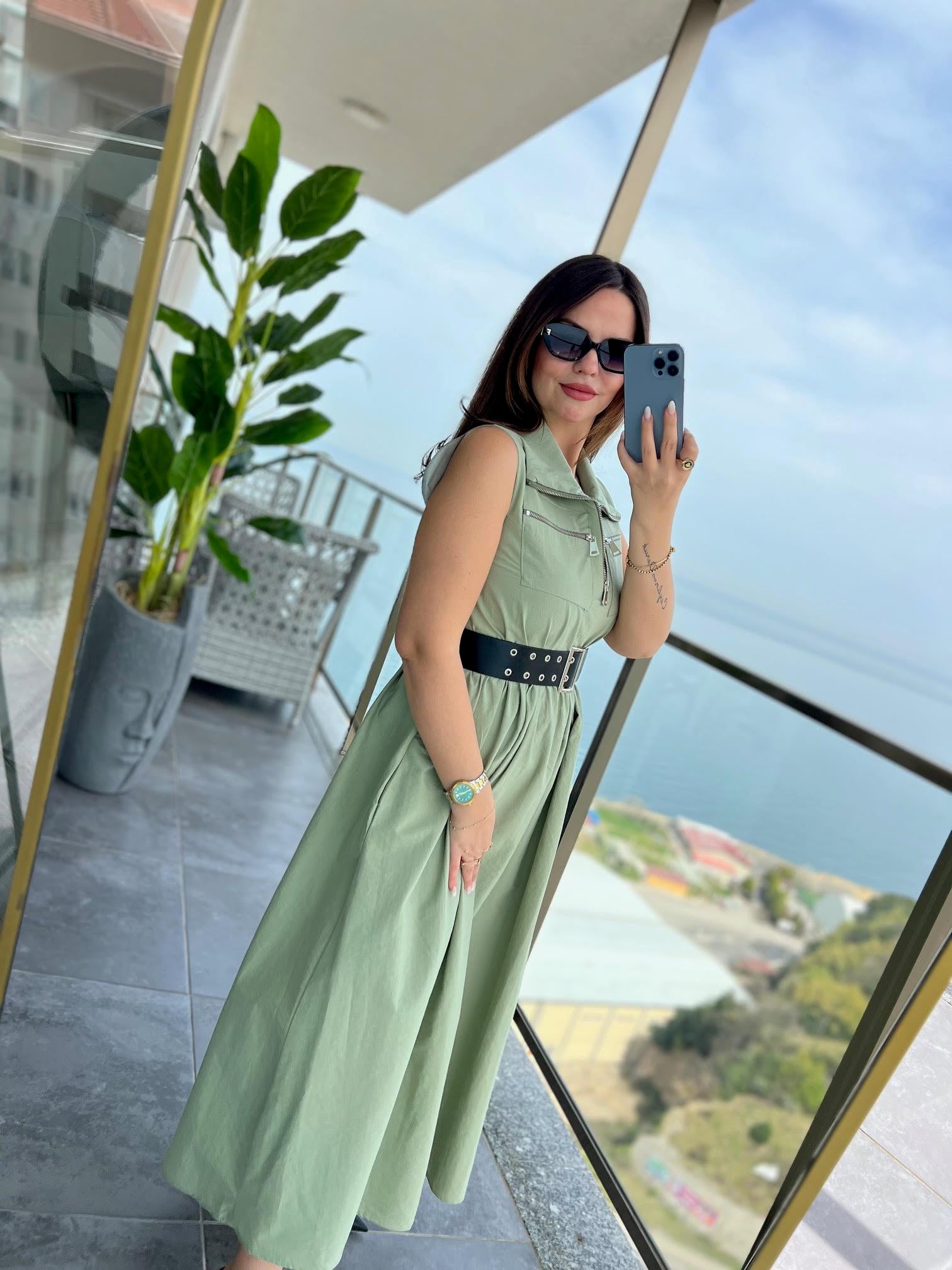 0161 Kemerli Elbise HAKİ YEŞİL