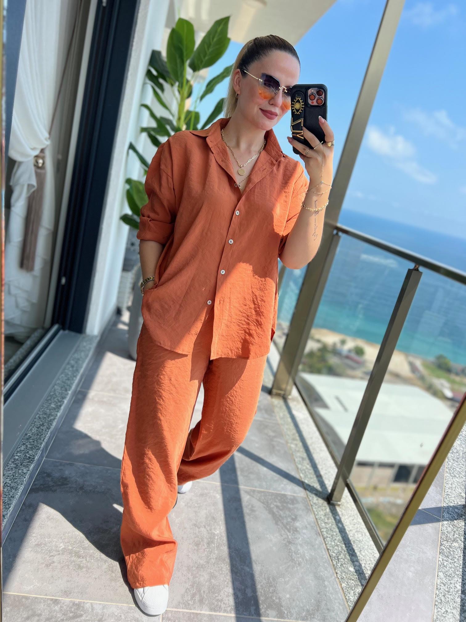 0173 Tencel Gömlek Pantolon Takım KİREMİT