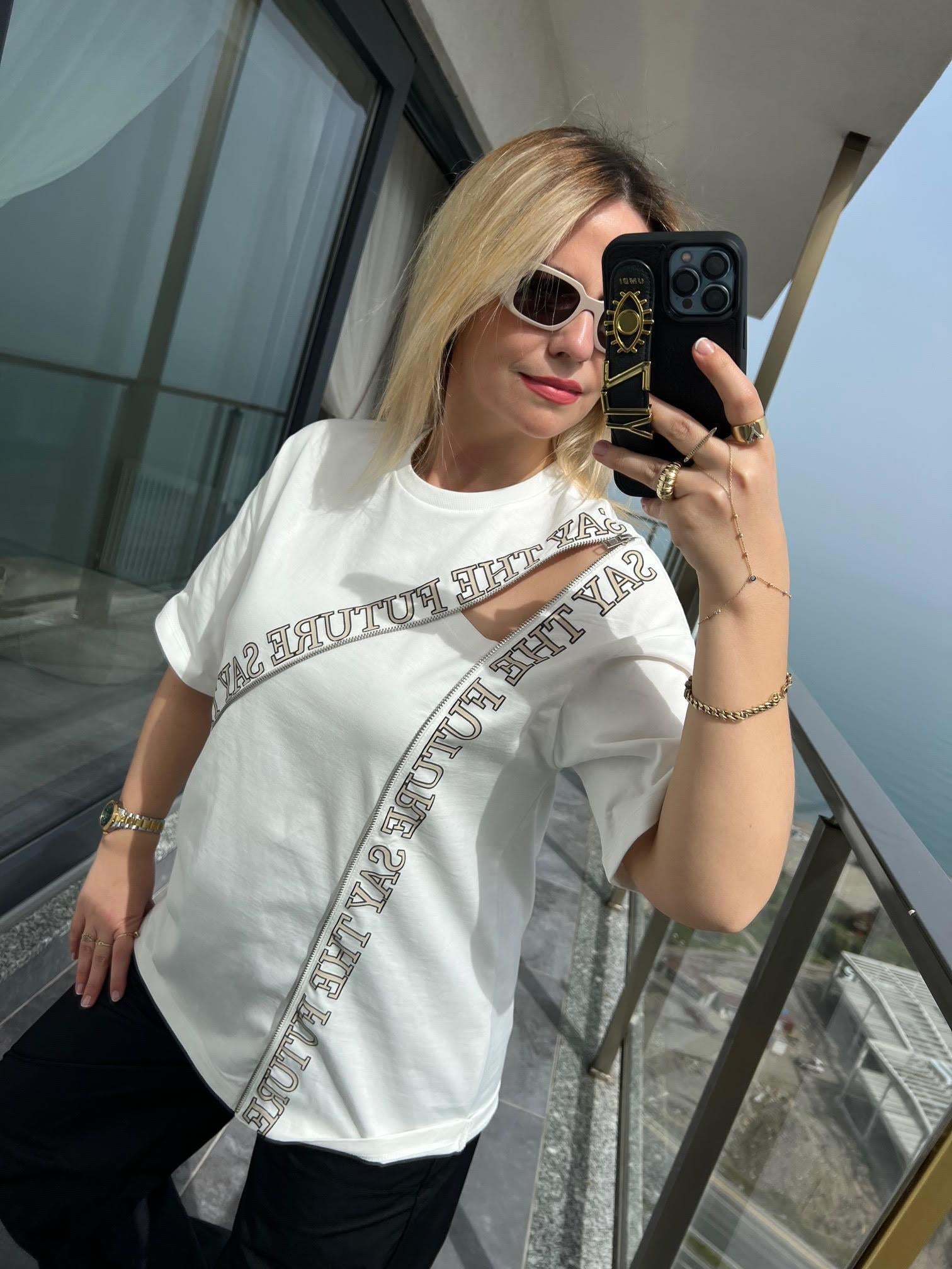 0226 Fermuar Detaylı Tshirt EKRU