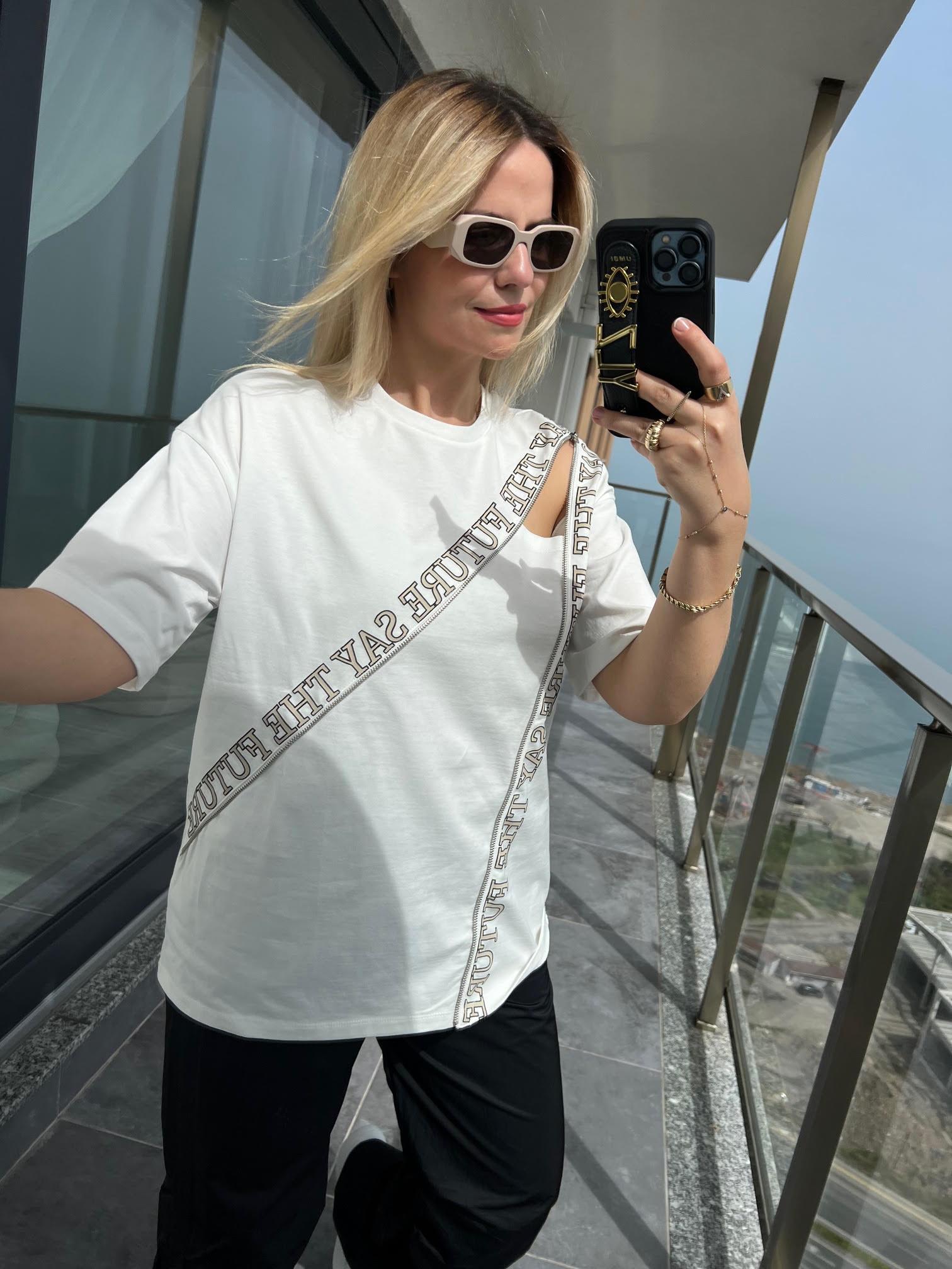 0226 Fermuar Detaylı Tshirt EKRU