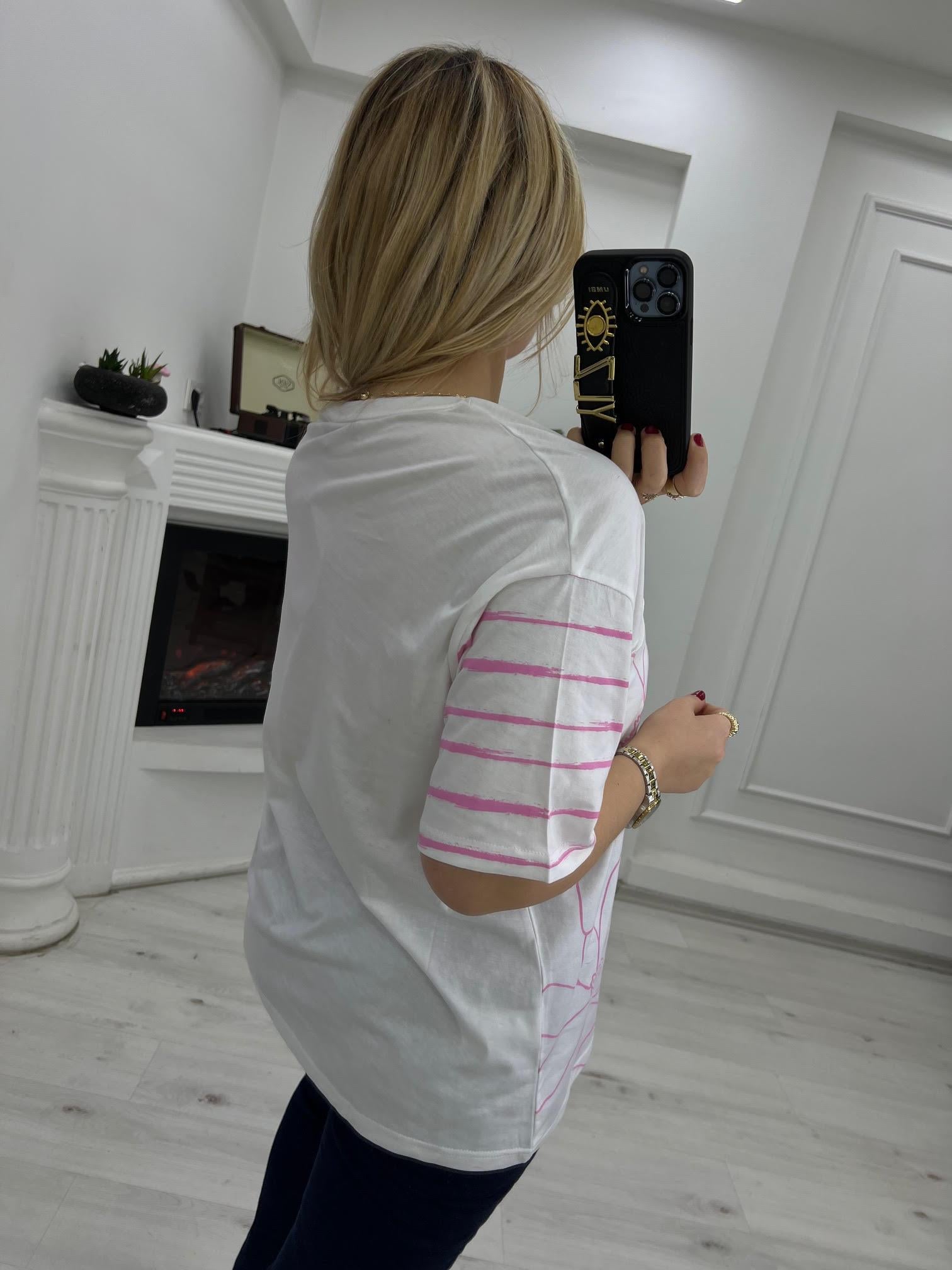 0228 Pembe Çiçekli Tshirt EKRU